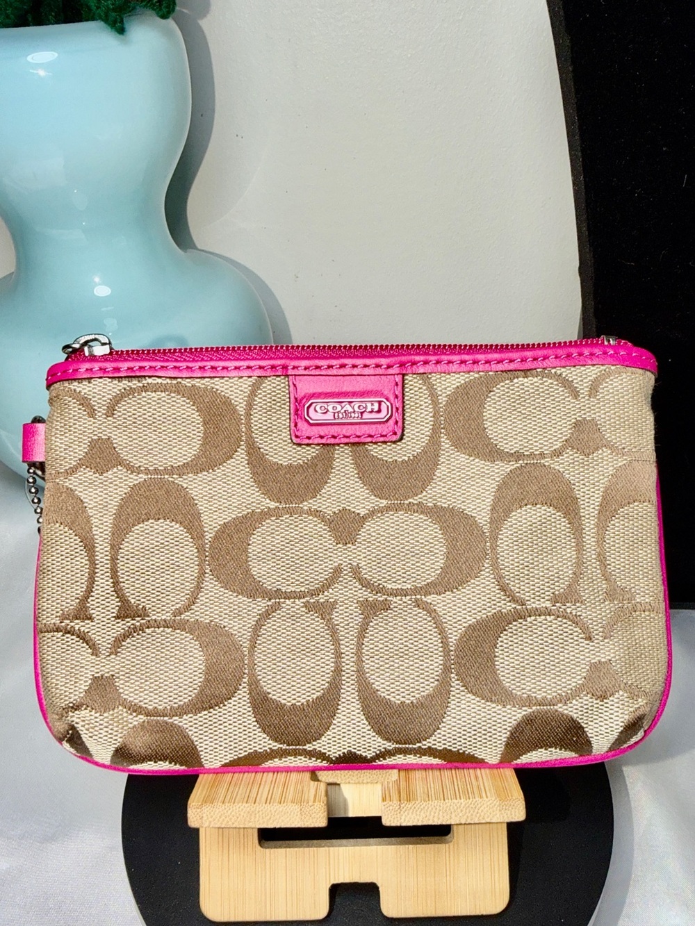 Coach Signature Canvas Wristlet in Beige with Hot Pink Trim NWT